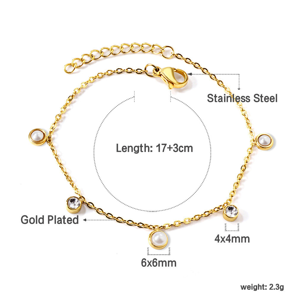 3 Round White Half Pearls & Blue Turquoise + 2 Cylindrical White Diamonds Accessories Bracelet 17+3cm asonjewelry