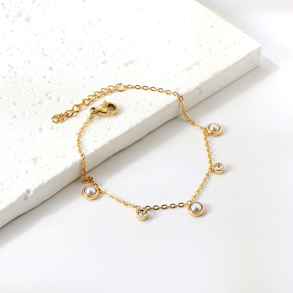 3 Round White Half Pearls & Blue Turquoise + 2 Cylindrical White Diamonds Accessories Bracelet 17+3cm asonjewelry