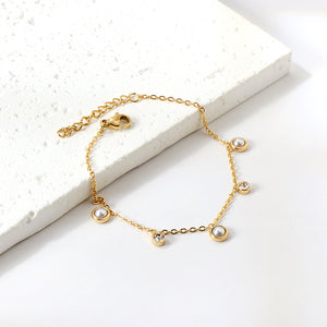 3 Round White Half Pearls & Blue Turquoise + 2 Cylindrical White Diamonds Accessories Bracelet 17+3cm