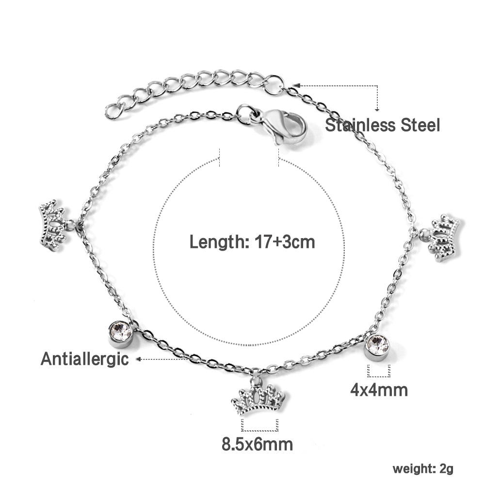 3 Crowns + 2 Cylindrical White Diamonds Accessories Bracelet 17+3cm asonjewelry