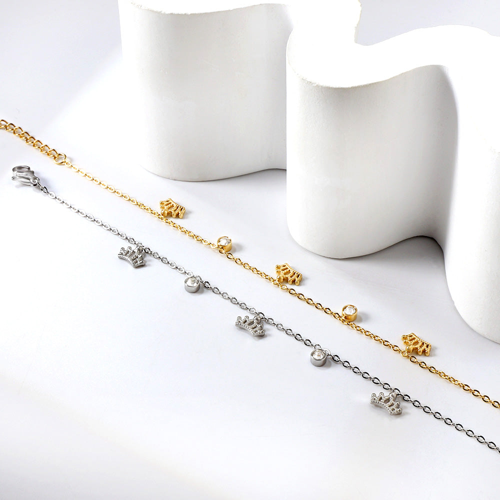 3 Crowns + 2 Cylindrical White Diamonds Accessories Bracelet 17+3cm asonjewelry