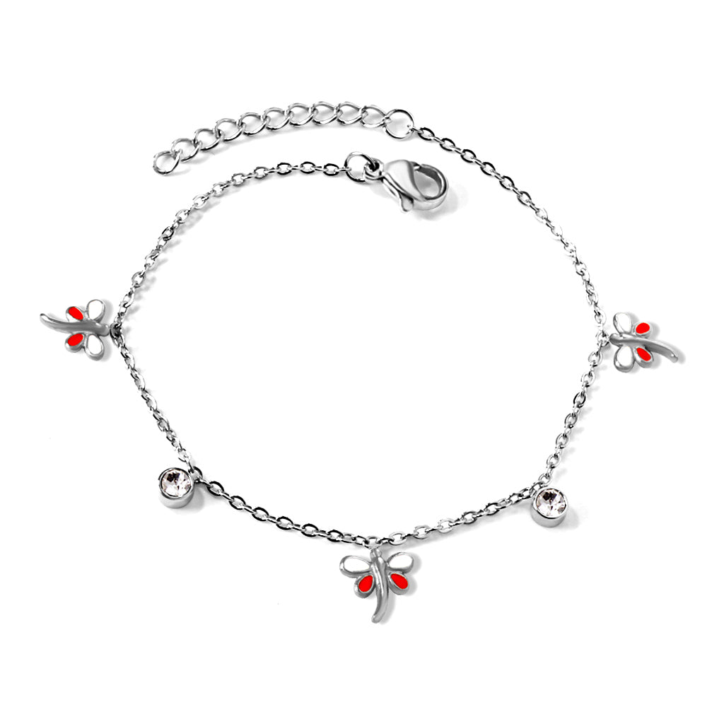 3 Mixed Color Dragonfly + 2 Cylindrical White Diamonds Accessories Bracelet 17+3cm asonjewelry