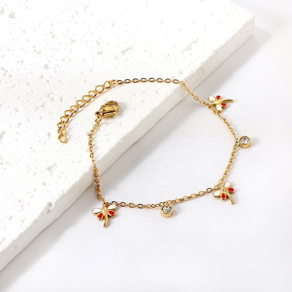 3 Mixed Color Dragonfly + 2 Cylindrical White Diamonds Accessories Bracelet 17+3cm asonjewelry