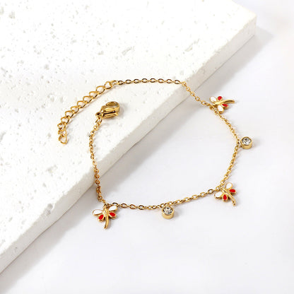 3 Mixed Color Dragonfly + 2 Cylindrical White Diamonds Accessories Bracelet 17+3cm asonjewelry