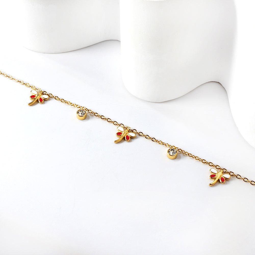 3 Mixed Color Dragonfly + 2 Cylindrical White Diamonds Accessories Bracelet 17+3cm asonjewelry