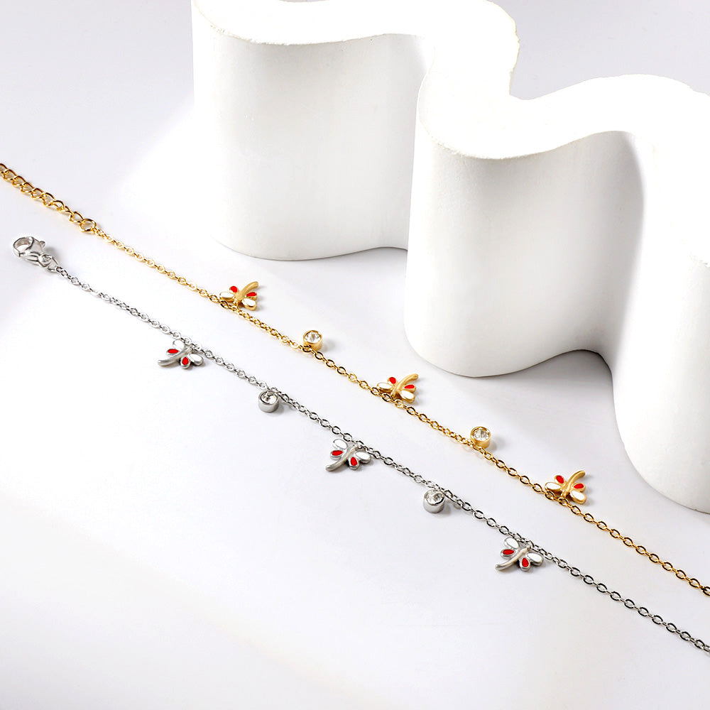 3 Mixed Color Dragonfly + 2 Cylindrical White Diamonds Accessories Bracelet 17+3cm asonjewelry