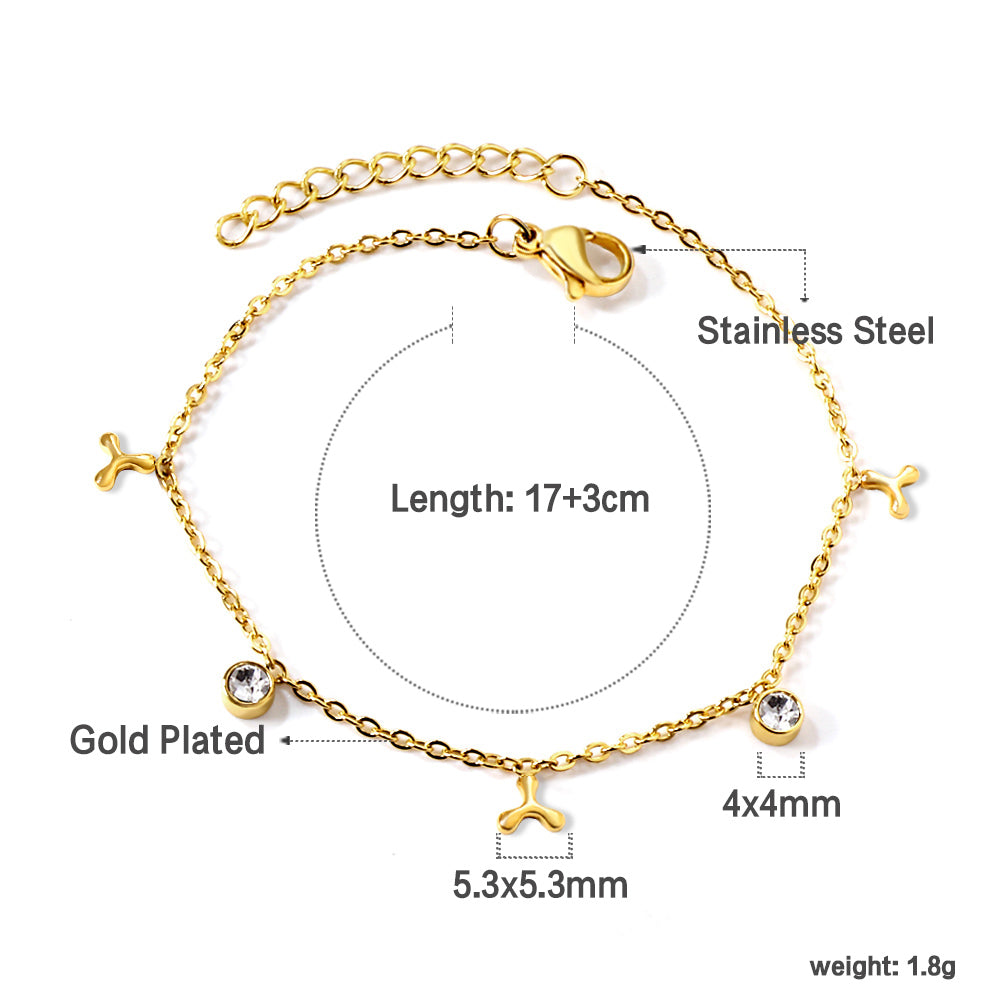 3 triple fan leaves + 2 cylindrical white diamonds accessories bracelet 17+3cm asonjewelry