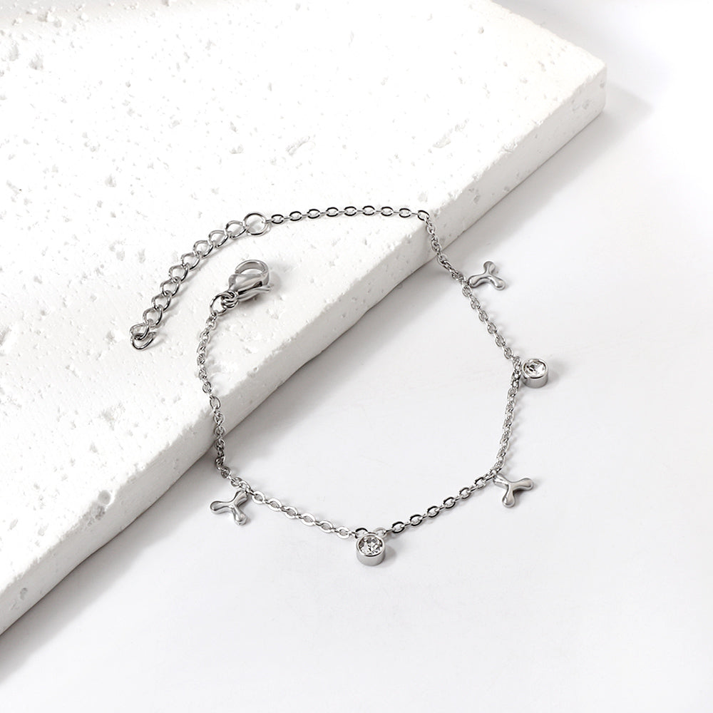 3 triple fan leaves + 2 cylindrical white diamonds accessories bracelet 17+3cm asonjewelry