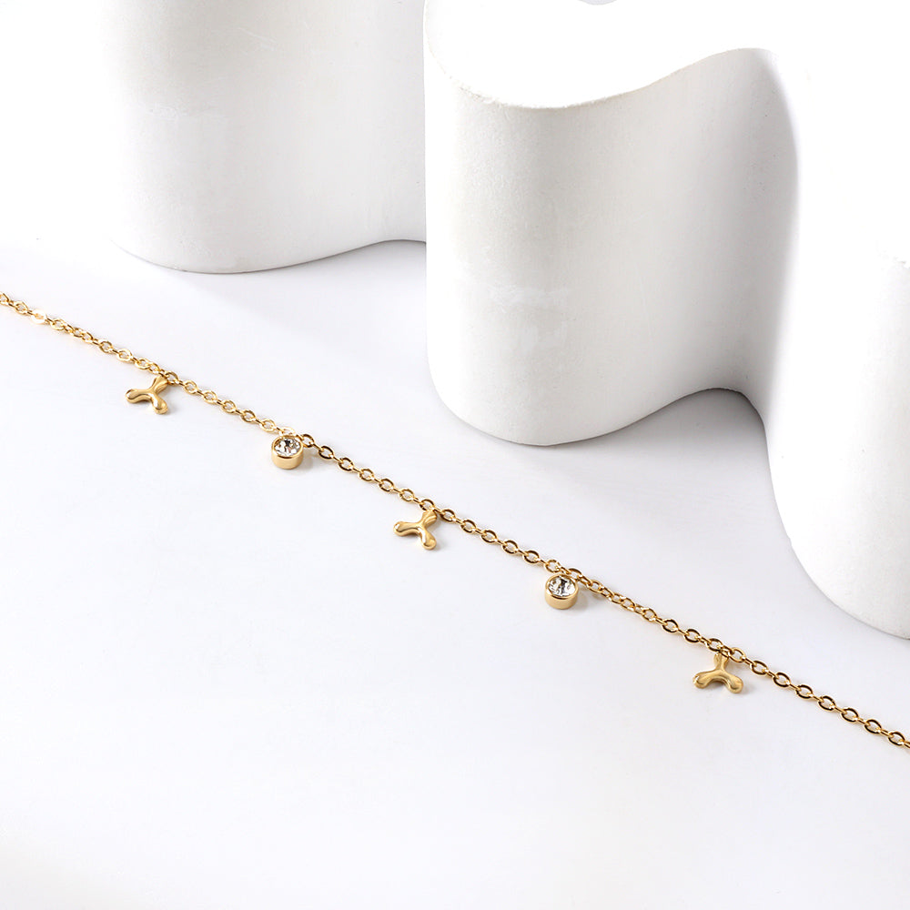 3 triple fan leaves + 2 cylindrical white diamonds accessories bracelet 17+3cm asonjewelry