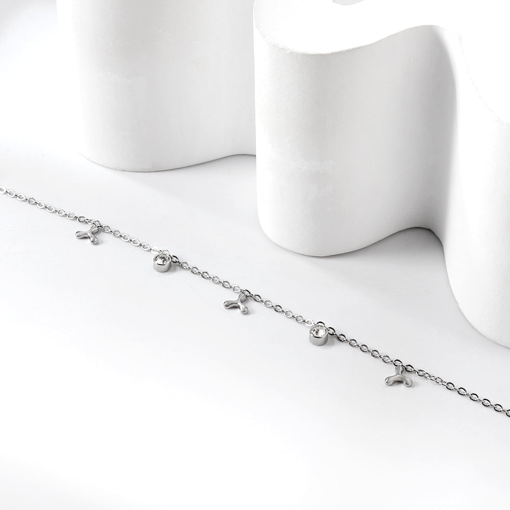 3 triple fan leaves + 2 cylindrical white diamonds accessories bracelet 17+3cm asonjewelry