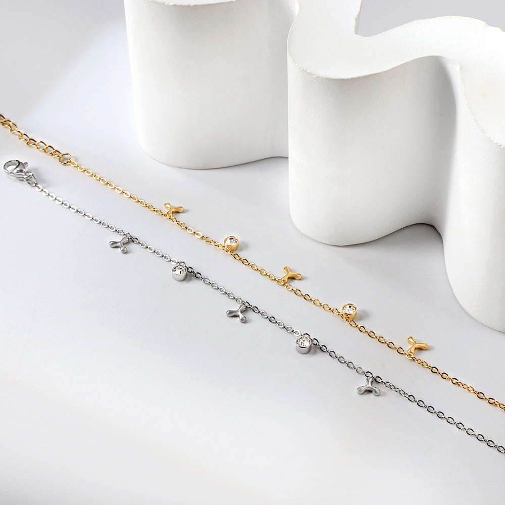 3 triple fan leaves + 2 cylindrical white diamonds accessories bracelet 17+3cm asonjewelry