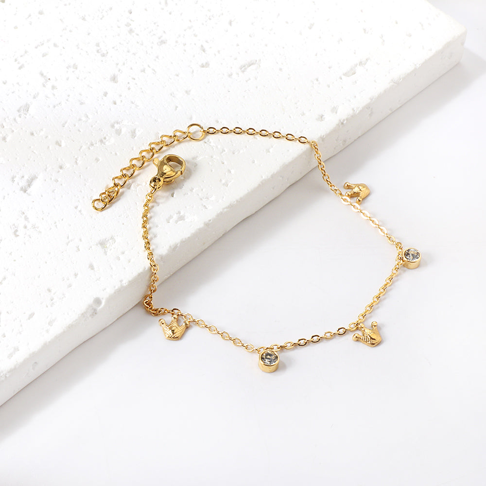 3 Small Crowns + 2 Cylindrical White Diamonds Accessories Bracelet 17+3cm asonjewelry