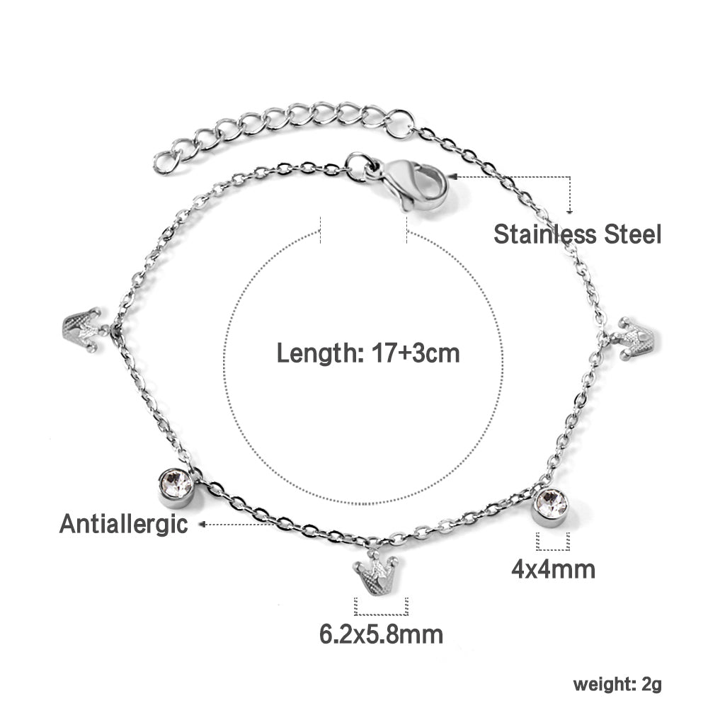 3 Small Crowns + 2 Cylindrical White Diamonds Accessories Bracelet 17+3cm asonjewelry