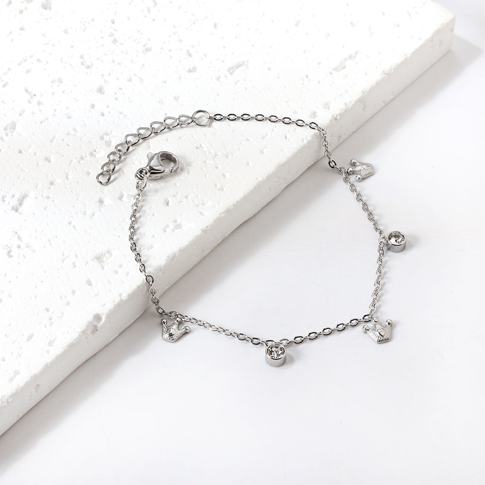 3 Small Crowns + 2 Cylindrical White Diamonds Accessories Bracelet 17+3cm asonjewelry