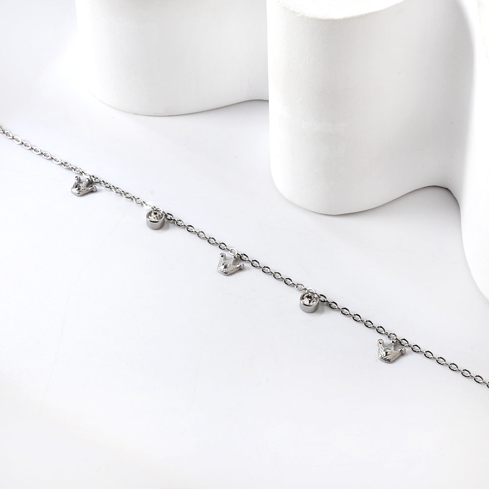 3 Small Crowns + 2 Cylindrical White Diamonds Accessories Bracelet 17+3cm asonjewelry