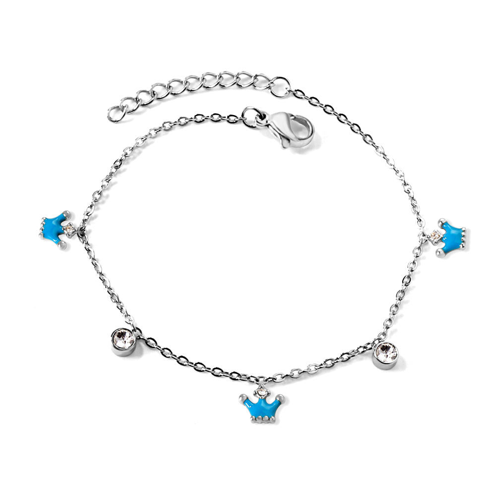 3 small blue crowns + 2 cylindrical white diamond accessory bracelet 17+3cm asonjewelry