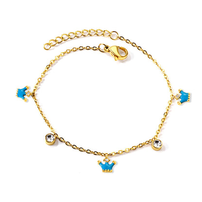 3 small blue crowns + 2 cylindrical white diamond accessory bracelet 17+3cm asonjewelry