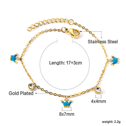 3 small blue crowns + 2 cylindrical white diamond accessory bracelet 17+3cm asonjewelry