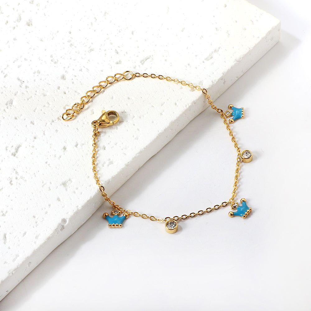 3 small blue crowns + 2 cylindrical white diamond accessory bracelet 17+3cm asonjewelry