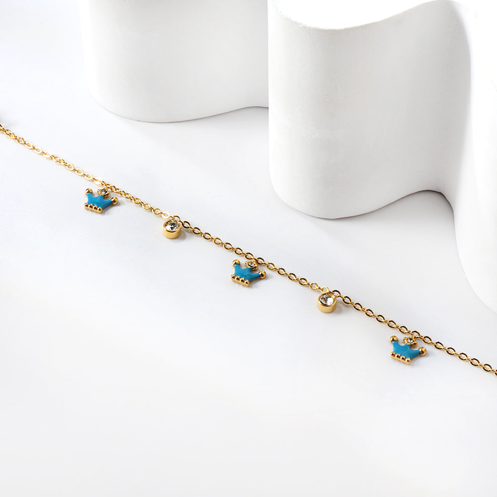 3 small blue crowns + 2 cylindrical white diamond accessory bracelet 17+3cm asonjewelry