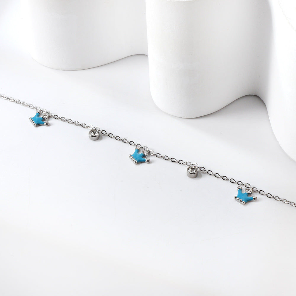3 small blue crowns + 2 cylindrical white diamond accessory bracelet 17+3cm asonjewelry