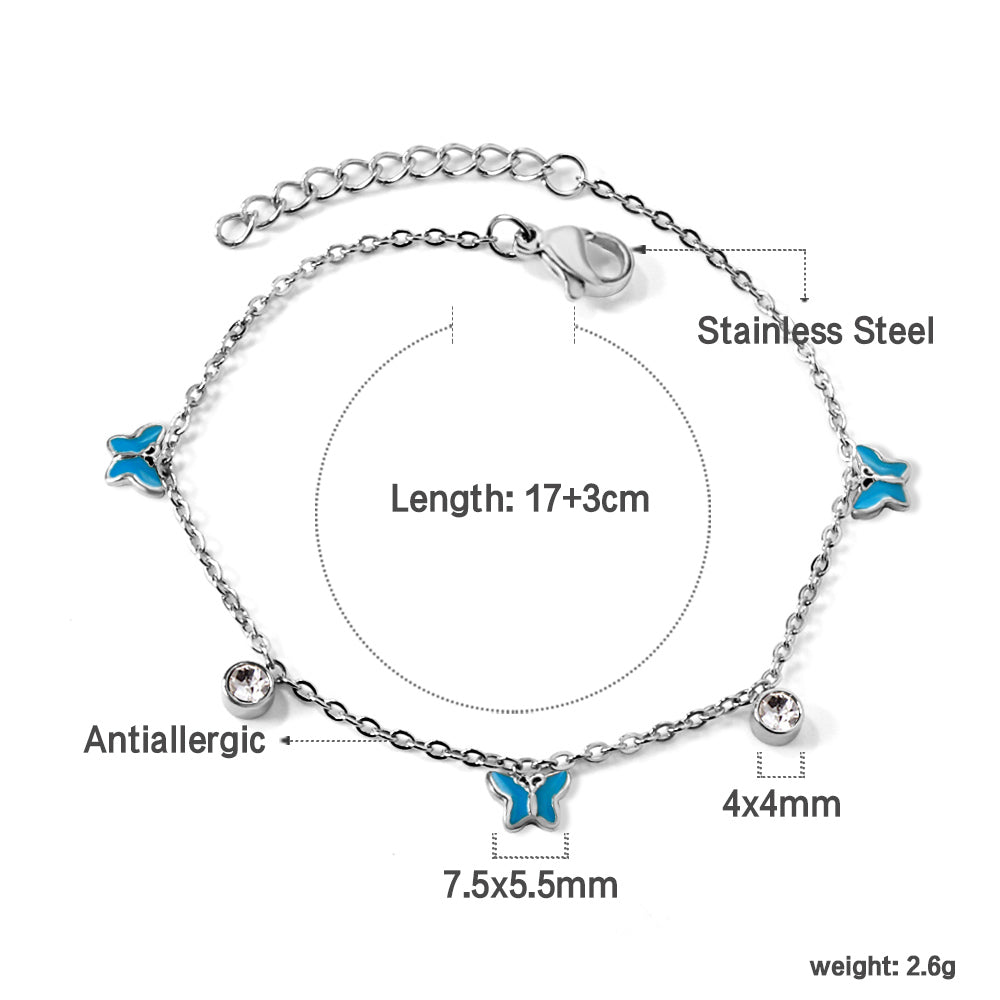 3 Butterfly Purple & Blue Drip Oil + 2 Cylindrical White Diamonds Accessories Bracelet 17+3cm asonjewelry