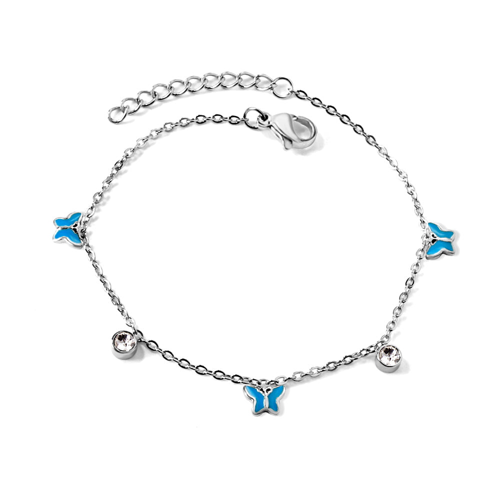 3 Butterfly Purple & Blue Drip Oil + 2 Cylindrical White Diamonds Accessories Bracelet 17+3cm asonjewelry