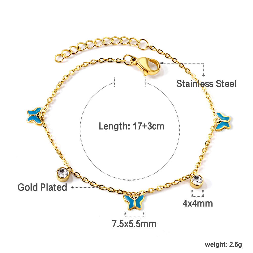 3 Butterfly Purple & Blue Drip Oil + 2 Cylindrical White Diamonds Accessories Bracelet 17+3cm asonjewelry