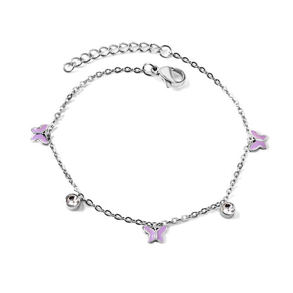 3 Butterfly Purple & Blue Drip Oil + 2 Cylindrical White Diamonds Accessories Bracelet 17+3cm asonjewelry
