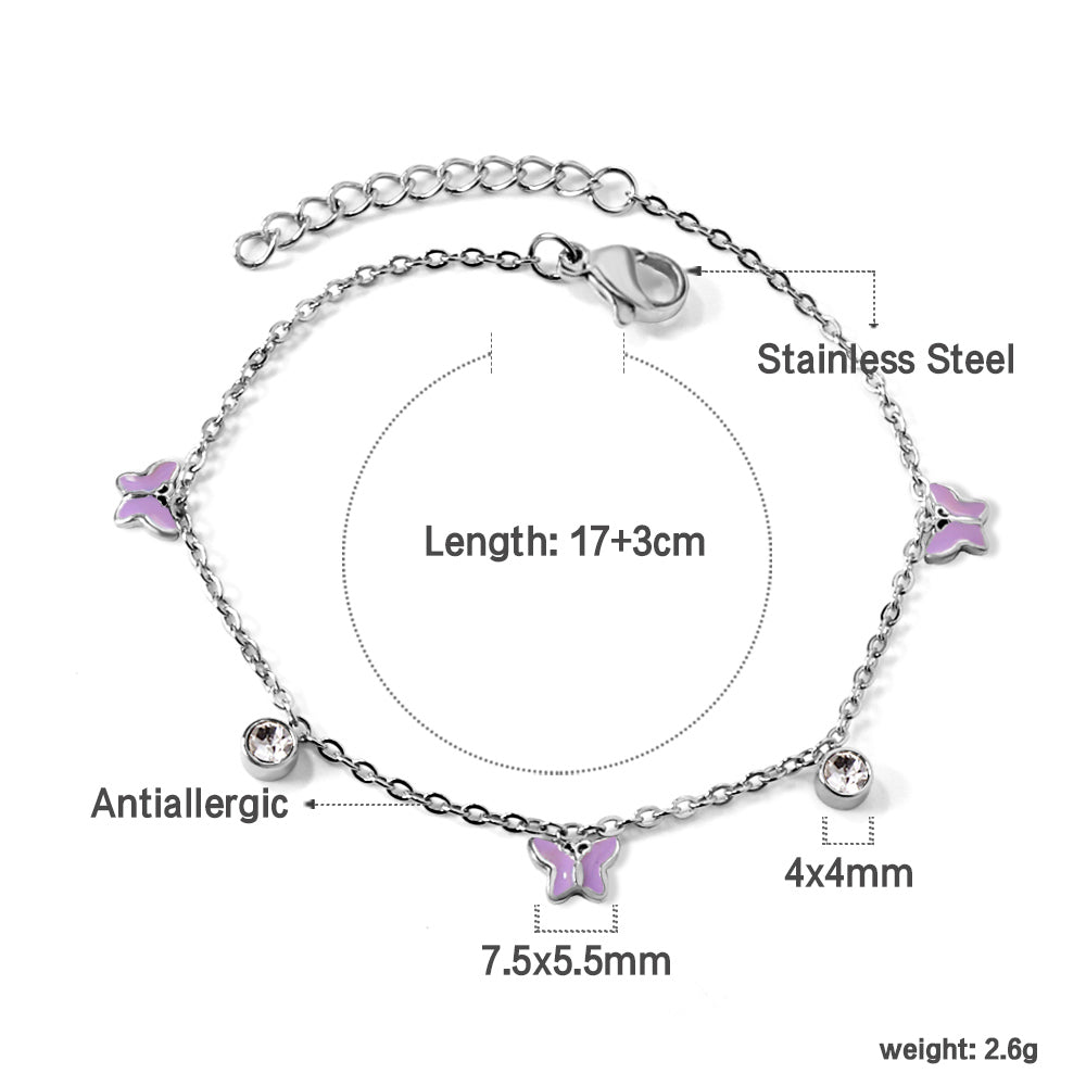 3 Butterfly Purple & Blue Drip Oil + 2 Cylindrical White Diamonds Accessories Bracelet 17+3cm asonjewelry