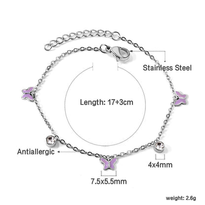 3 Butterfly Purple & Blue Drip Oil + 2 Cylindrical White Diamonds Accessories Bracelet 17+3cm asonjewelry