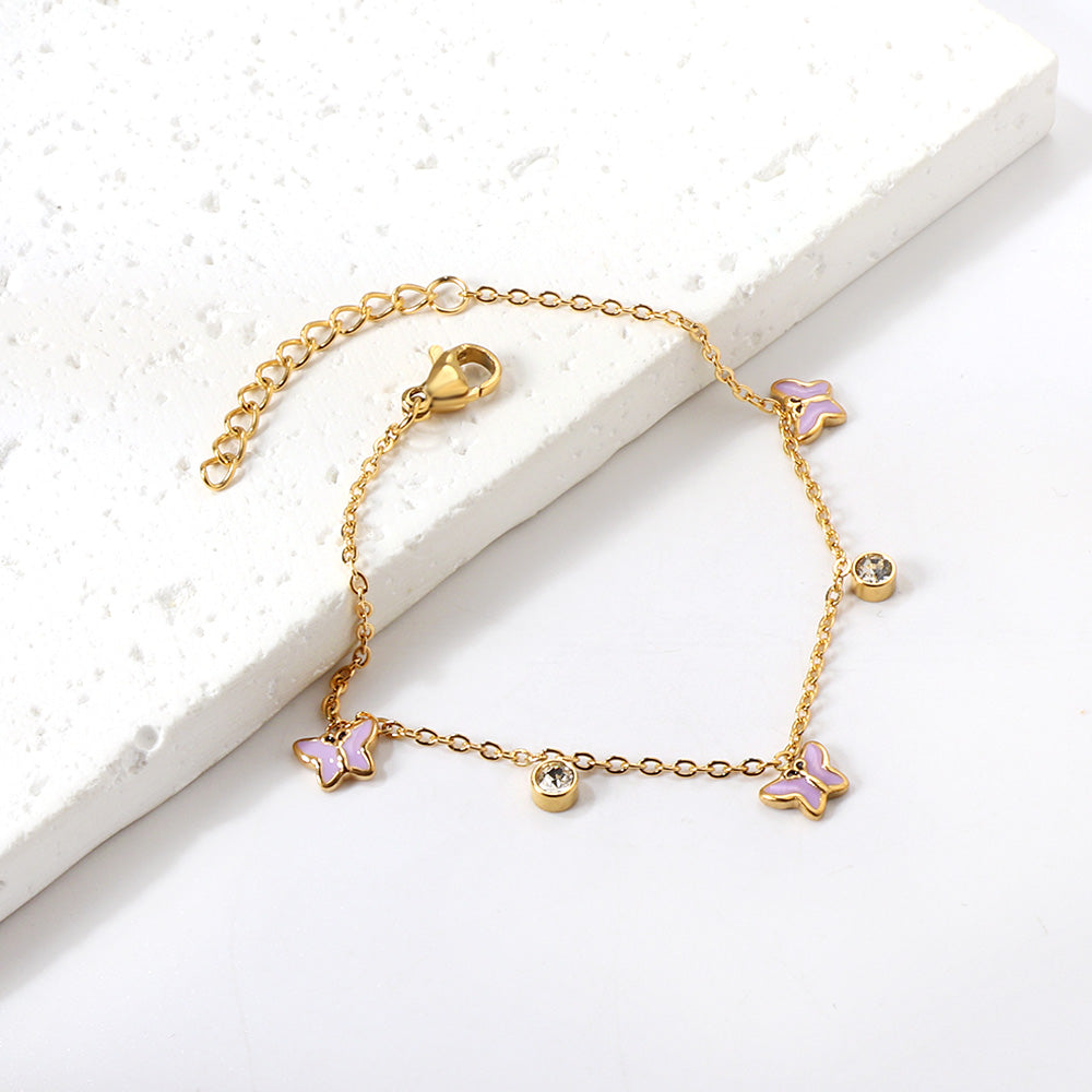 3 Butterfly Purple & Blue Drip Oil + 2 Cylindrical White Diamonds Accessories Bracelet 17+3cm asonjewelry