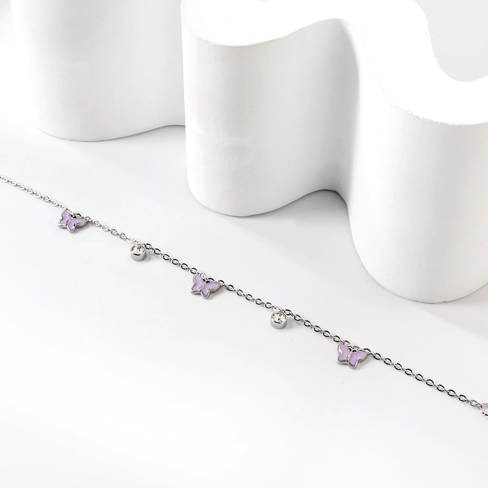 3 Butterfly Purple & Blue Drip Oil + 2 Cylindrical White Diamonds Accessories Bracelet 17+3cm asonjewelry