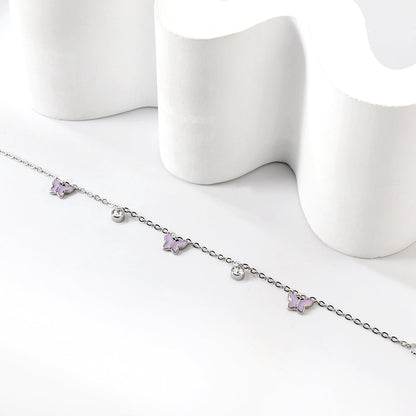 3 Butterfly Purple & Blue Drip Oil + 2 Cylindrical White Diamonds Accessories Bracelet 17+3cm asonjewelry