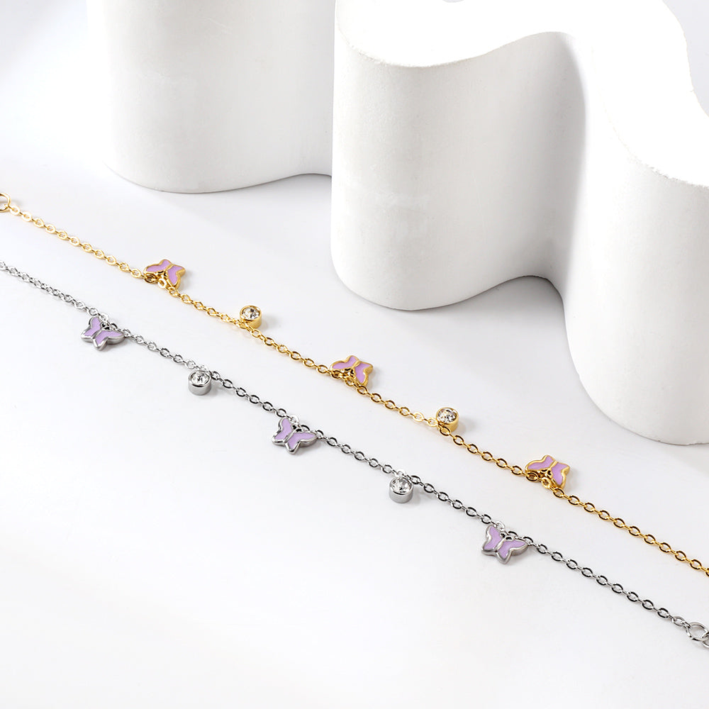 3 Butterfly Purple & Blue Drip Oil + 2 Cylindrical White Diamonds Accessories Bracelet 17+3cm asonjewelry