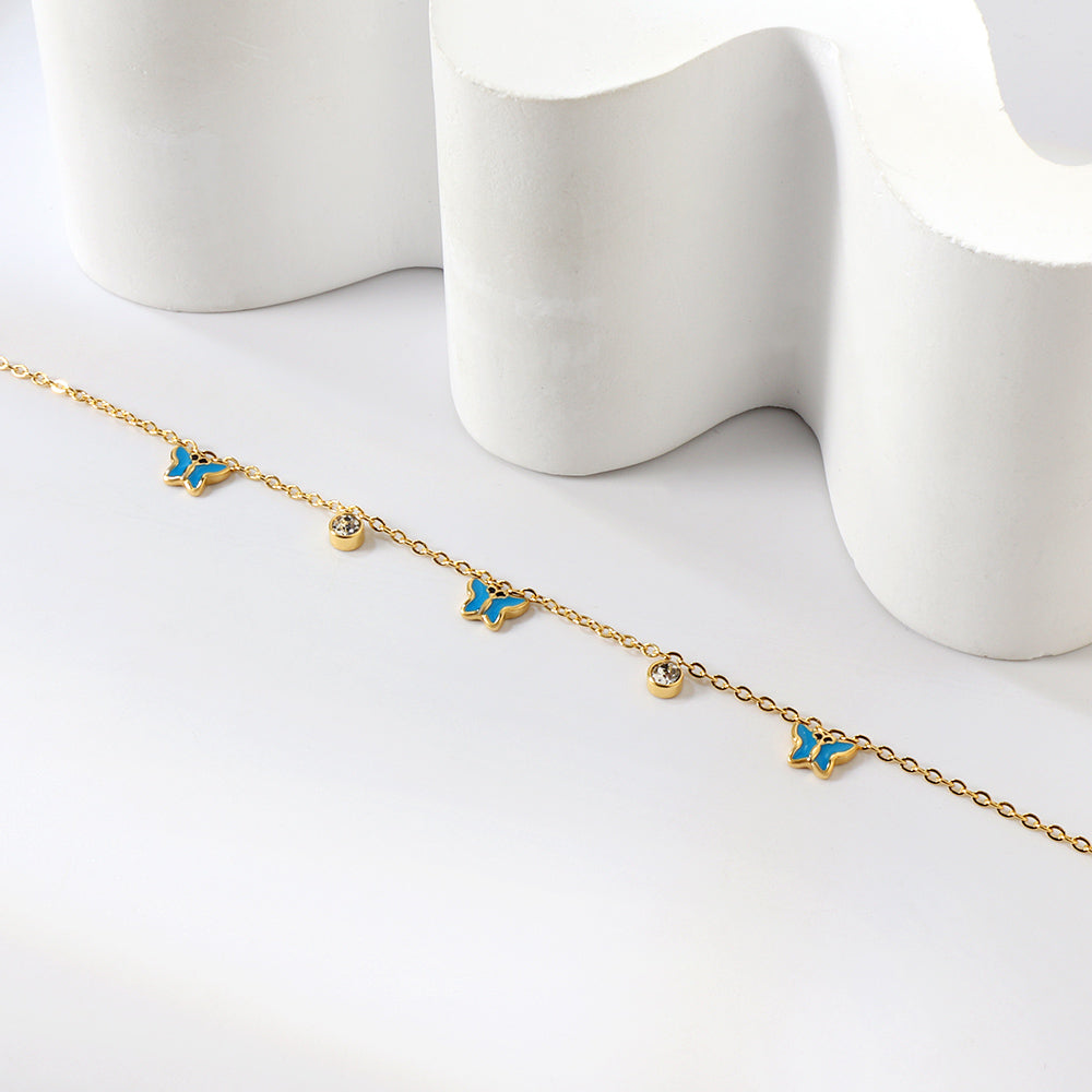 3 Butterfly Purple & Blue Drip Oil + 2 Cylindrical White Diamonds Accessories Bracelet 17+3cm asonjewelry