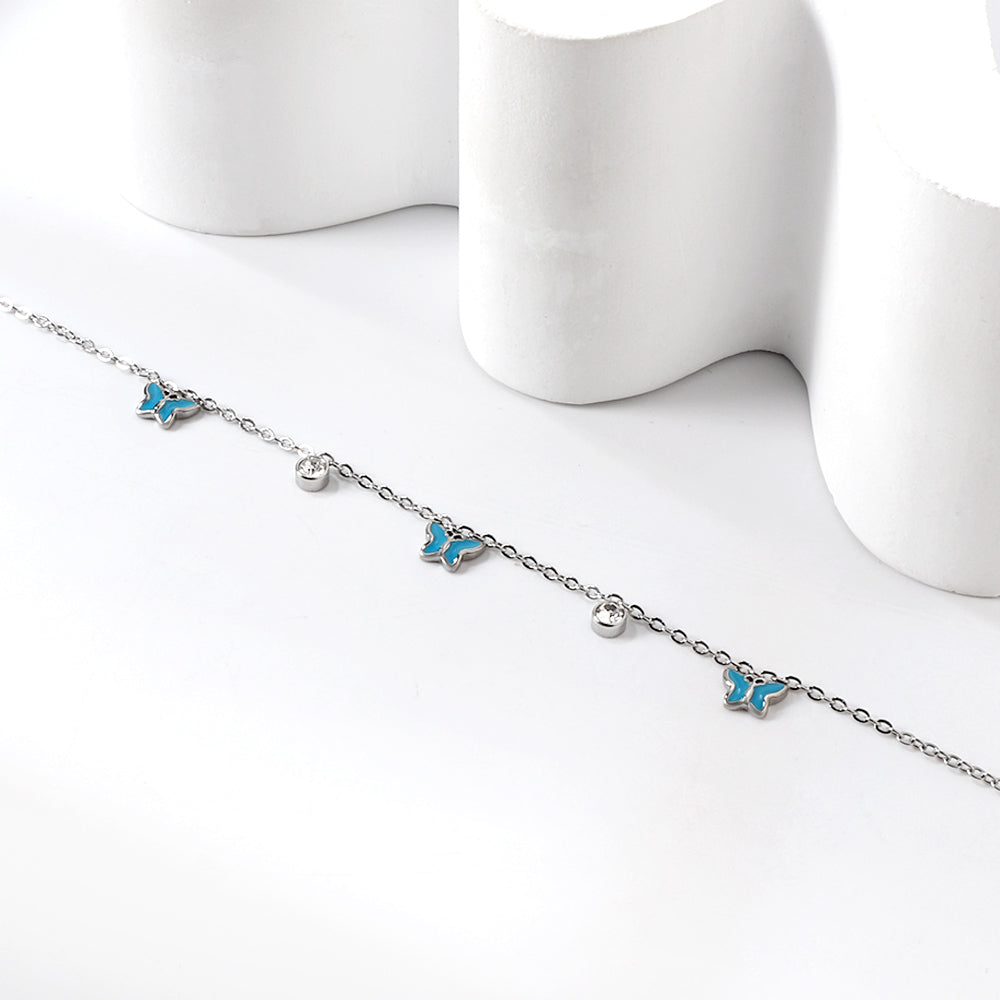 3 Butterfly Purple & Blue Drip Oil + 2 Cylindrical White Diamonds Accessories Bracelet 17+3cm asonjewelry