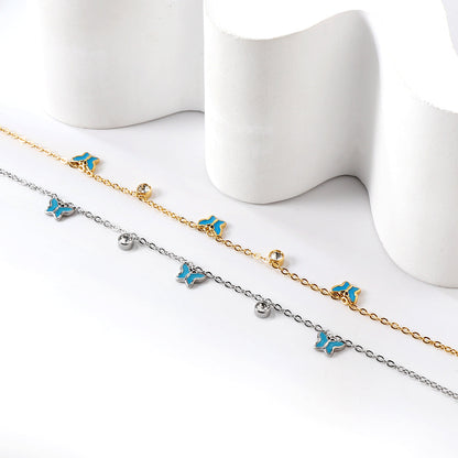 3 Butterfly Purple & Blue Drip Oil + 2 Cylindrical White Diamonds Accessories Bracelet 17+3cm asonjewelry