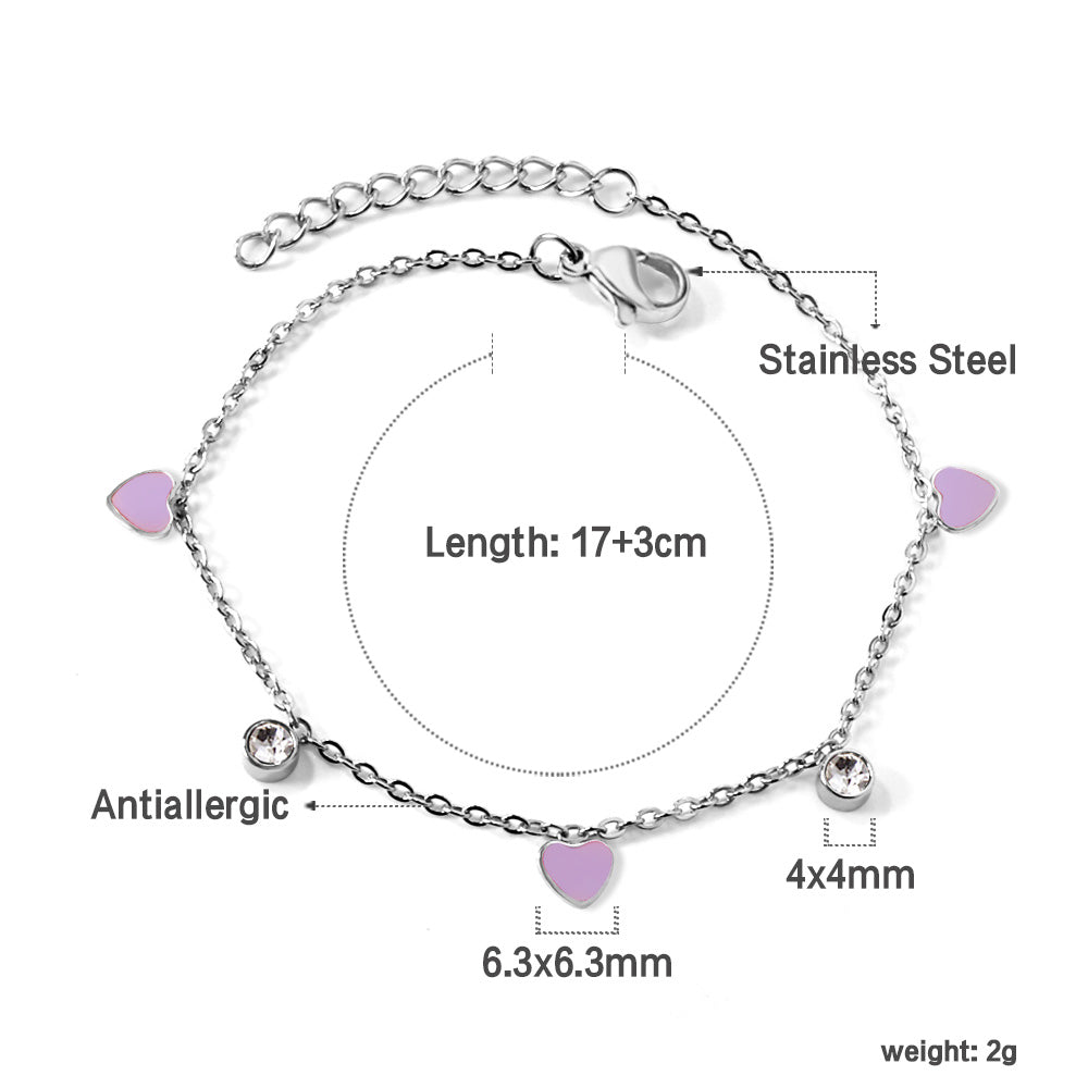 3 Hearts & Purple Oil Drops + 2 Cylindrical White Diamonds Accessories Bracelet 17+3cm asonjewelry