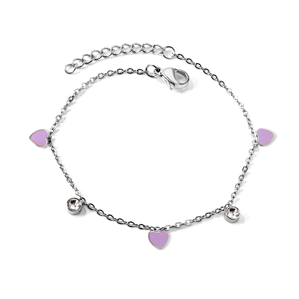 3 Hearts & Purple Oil Drops + 2 Cylindrical White Diamonds Accessories Bracelet 17+3cm asonjewelry