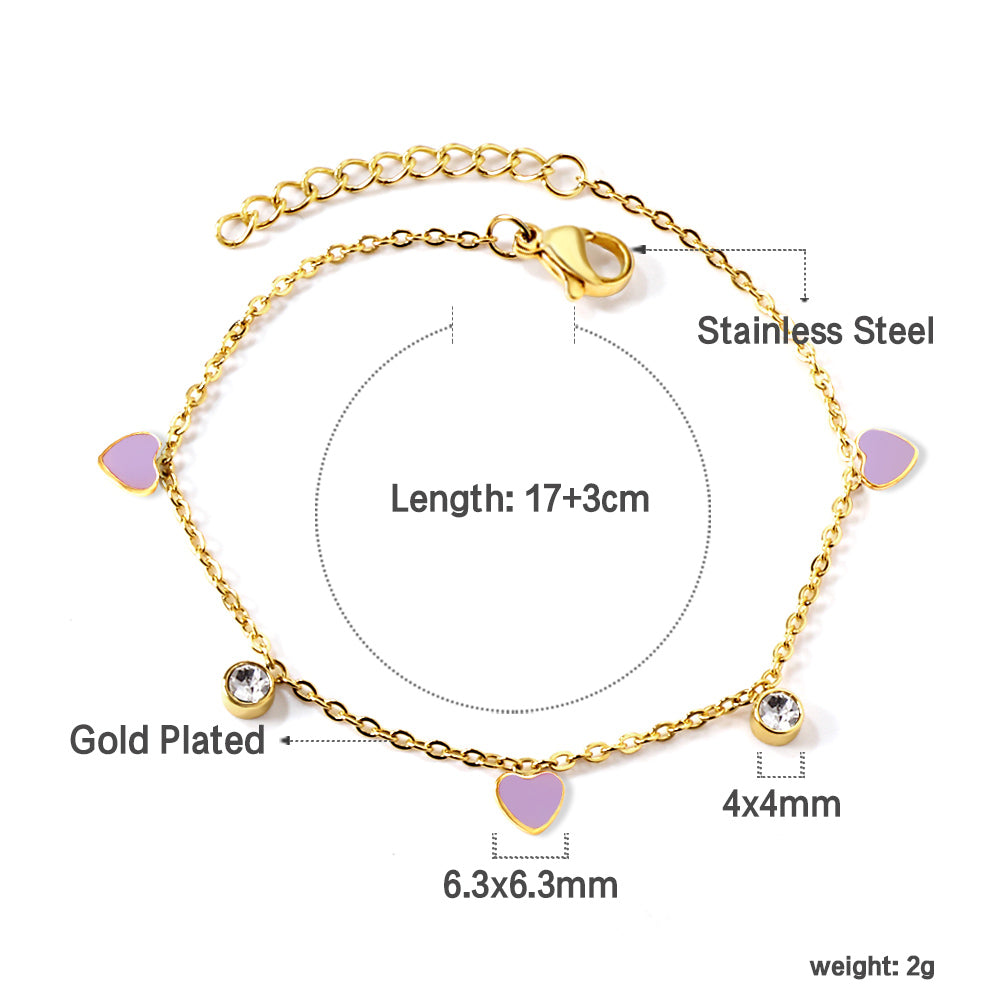 3 Hearts & Purple Oil Drops + 2 Cylindrical White Diamonds Accessories Bracelet 17+3cm asonjewelry