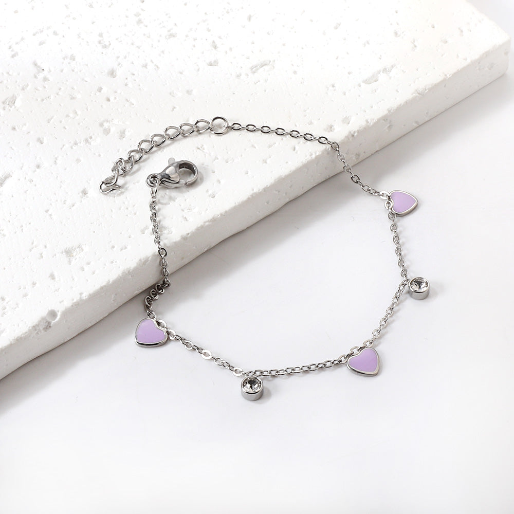 3 Hearts & Purple Oil Drops + 2 Cylindrical White Diamonds Accessories Bracelet 17+3cm asonjewelry