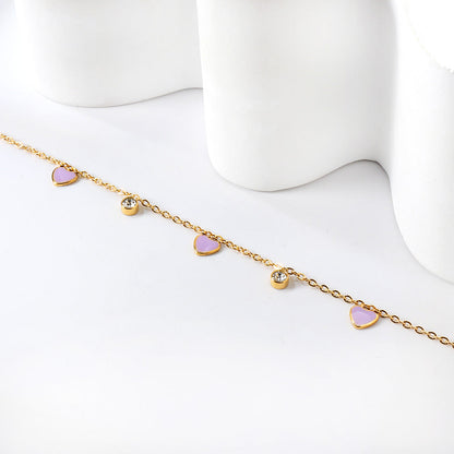 3 Hearts & Purple Oil Drops + 2 Cylindrical White Diamonds Accessories Bracelet 17+3cm asonjewelry