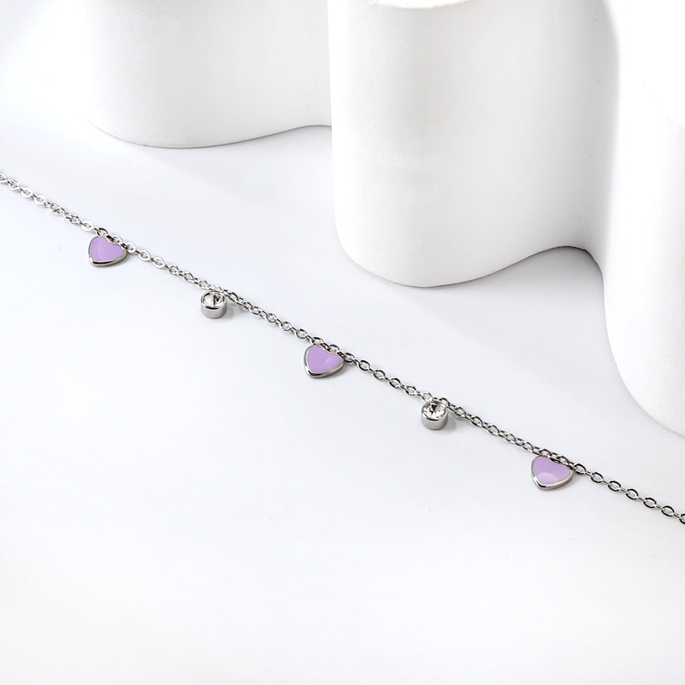 3 Hearts & Purple Oil Drops + 2 Cylindrical White Diamonds Accessories Bracelet 17+3cm asonjewelry