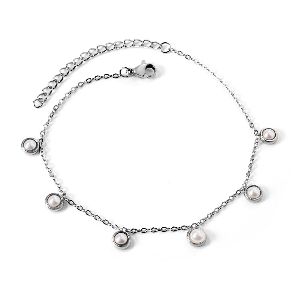 6 round white half pearls & blue turquoise anklet 20+5cm steel color gold color asonjewelry