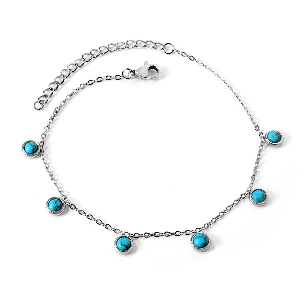 6 round white half pearls & blue turquoise anklet 20+5cm steel color gold color asonjewelry
