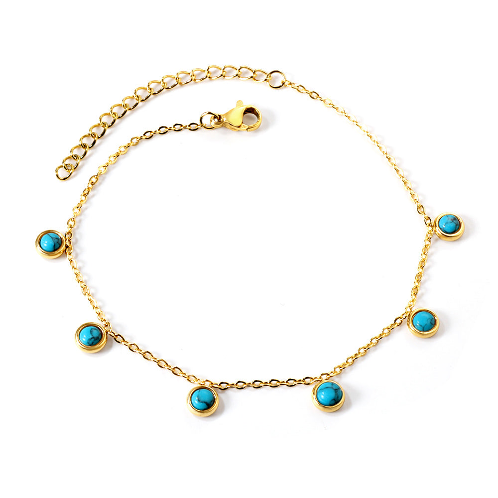 6 round white half pearls & blue turquoise anklet 20+5cm steel color gold color asonjewelry