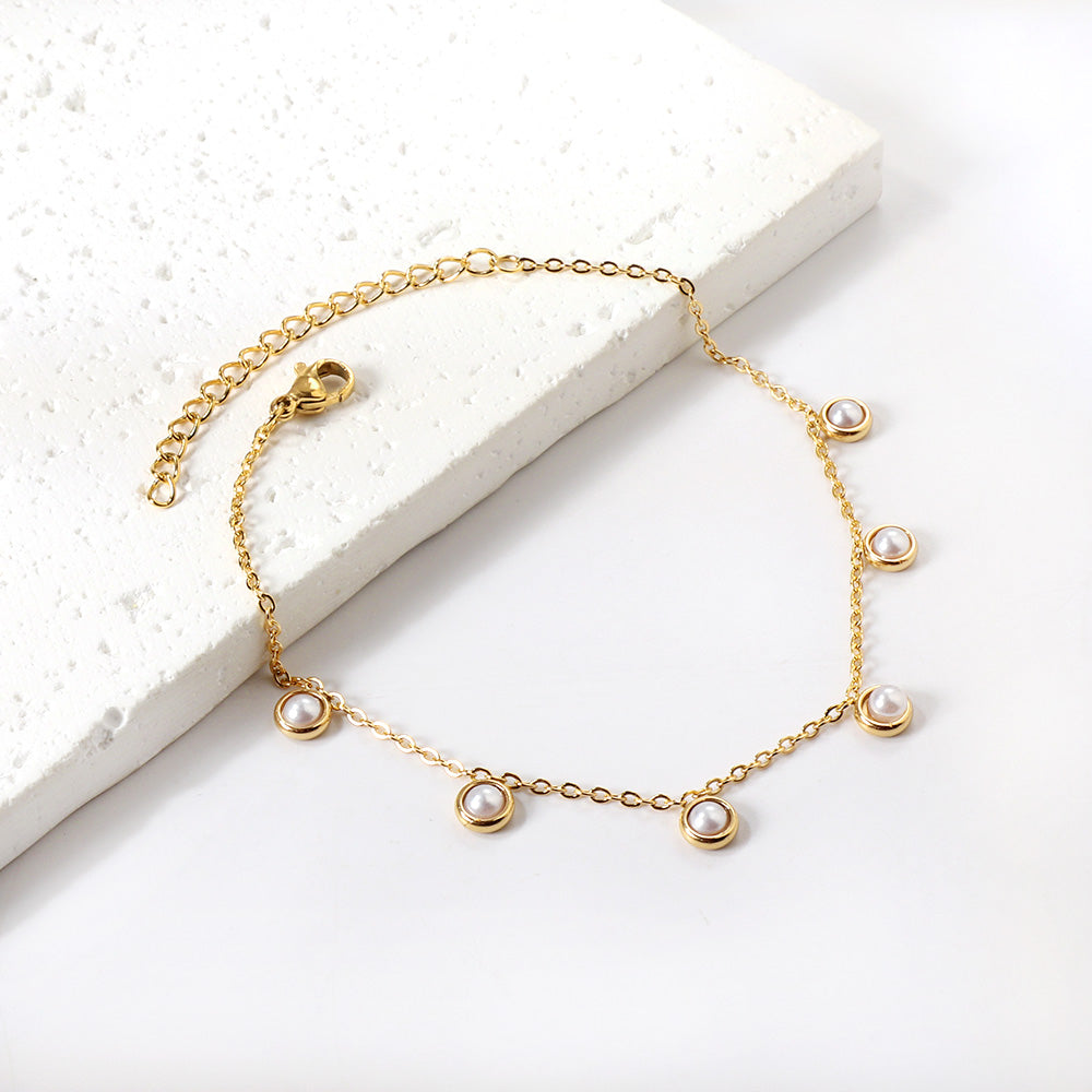 6 round white half pearls & blue turquoise anklet 20+5cm steel color gold color asonjewelry