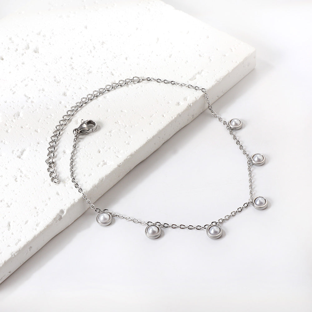 6 round white half pearls & blue turquoise anklet 20+5cm steel color gold color asonjewelry