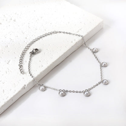 6 round white half pearls & blue turquoise anklet 20+5cm steel color gold color asonjewelry